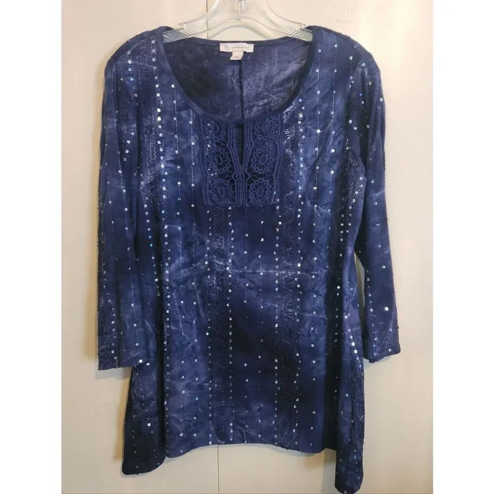 F20 Established 1946 Navy Sequined & lace Women's Tunic Top shark tooth hem